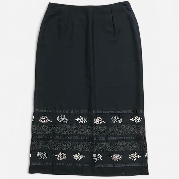 VTG Y2K Sag Harbor Black & Light Pink Floral Pattern Whimsy Maxi Skirt 14/L - Picture 1 of 7